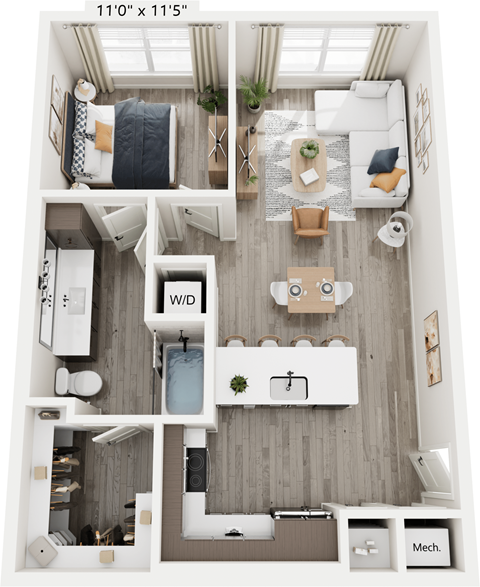 Floor plan for 1 bed, 1 bath, 745 sqft